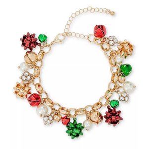 New Tri-Tone Crystal, Imitation Pearl & Bow Jingle Bell Charm Bracelet